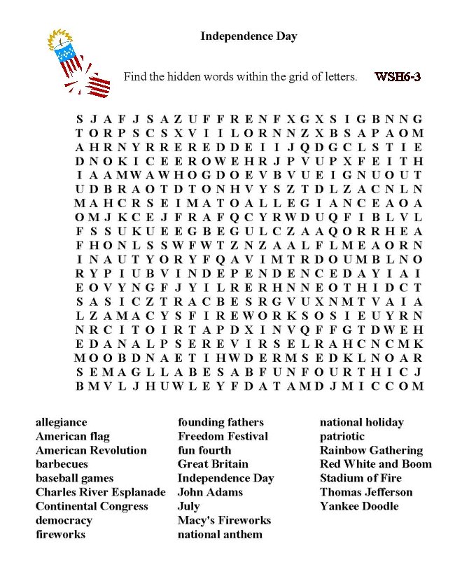 Bluebonkers Free Printable Word Search Sheet Independence Day